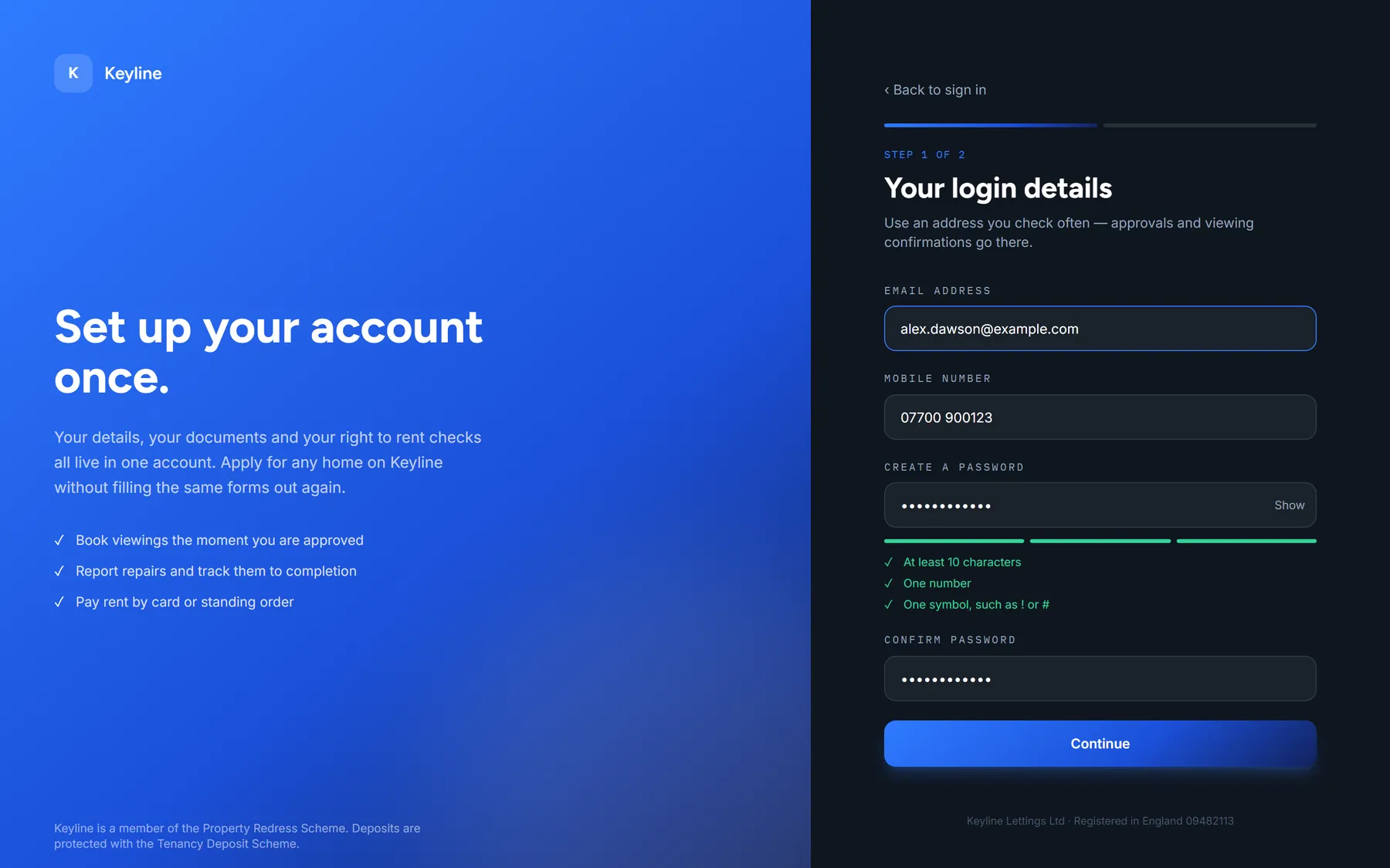 Step one of the Keyline registration wizard with password rules validating live as green ticks
