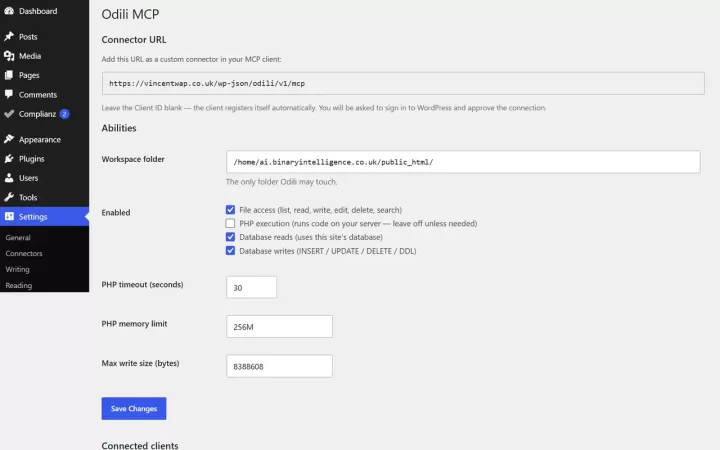 Odili MCP settings screen in WordPress admin
