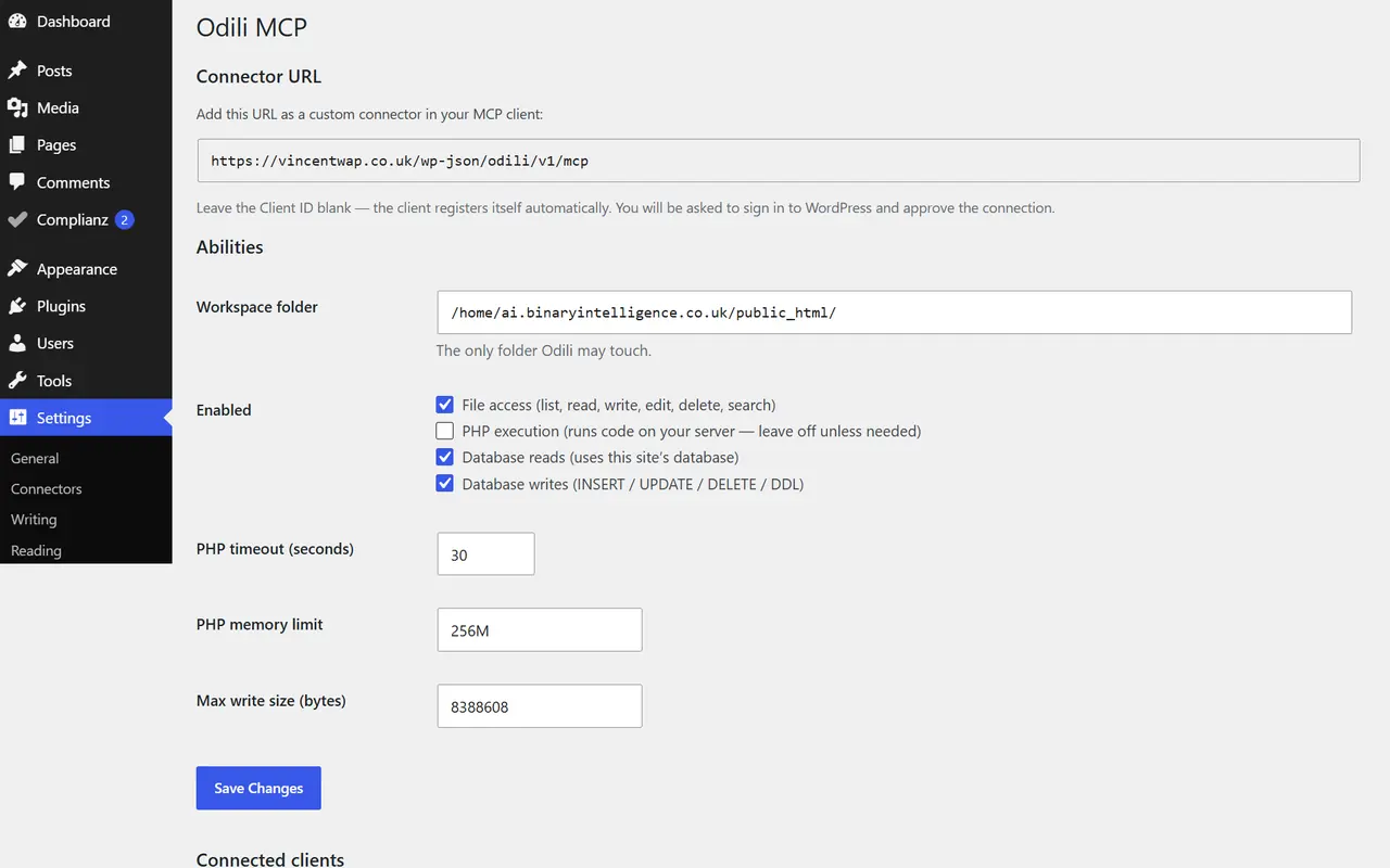 The Odili MCP settings screen in WordPress admin, showing the connector URL, workspace folder and ability toggles