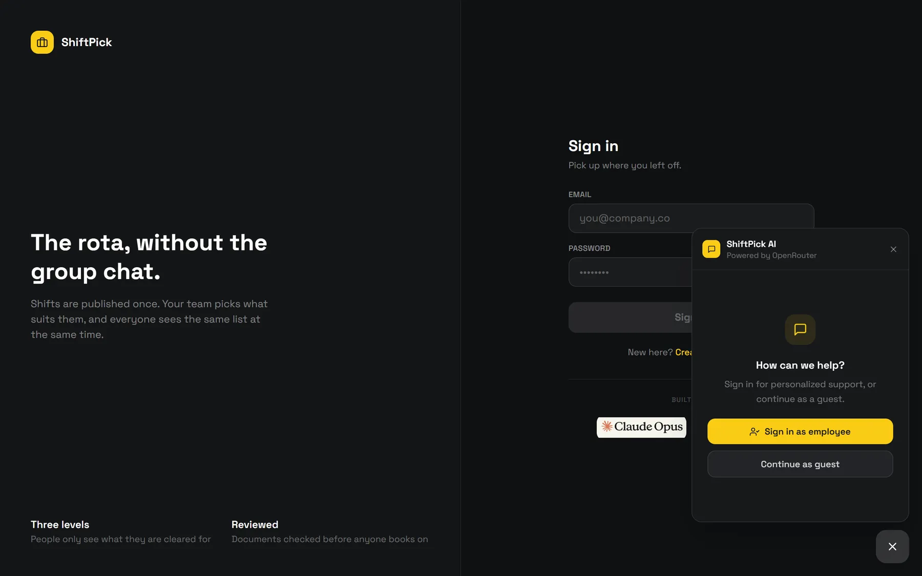 ShiftPick AI assistant panel offering to sign in as an employee or continue as a guest