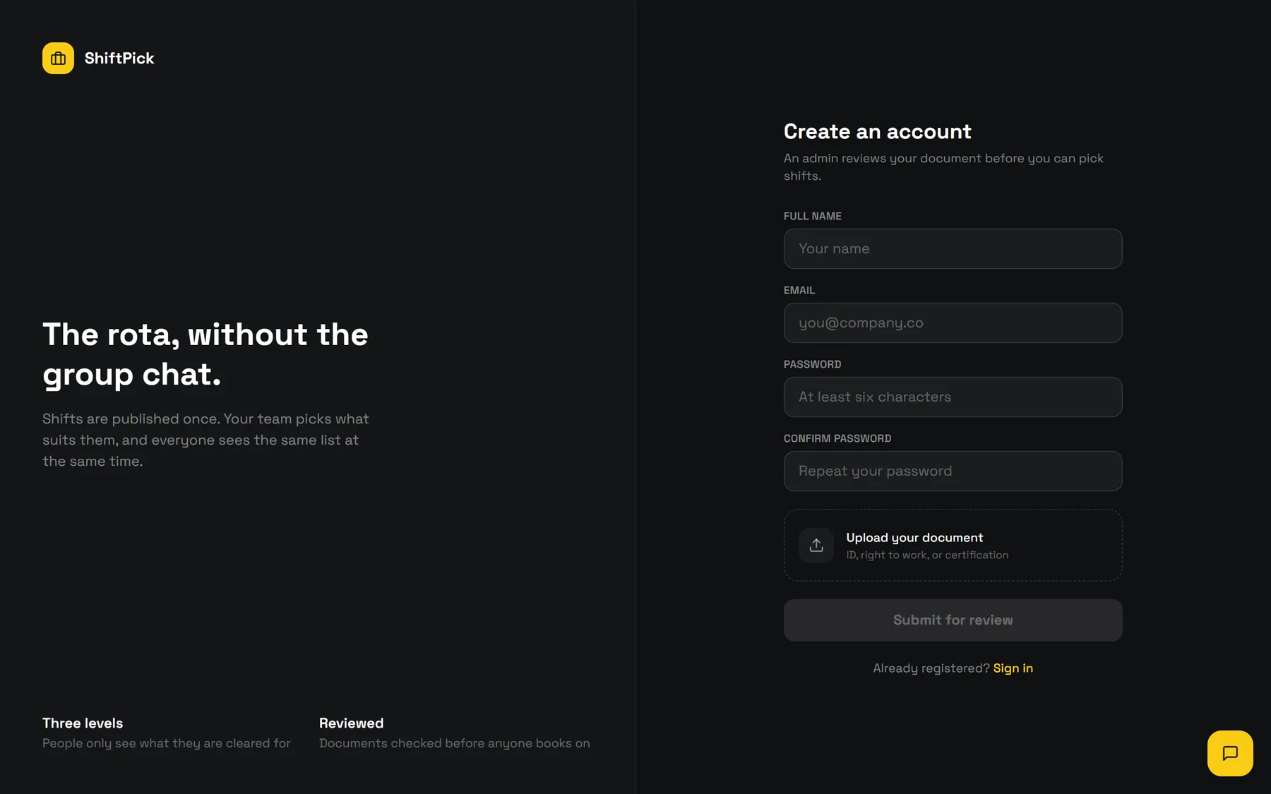 Account creation form with a document upload field for ID, right to work or certification