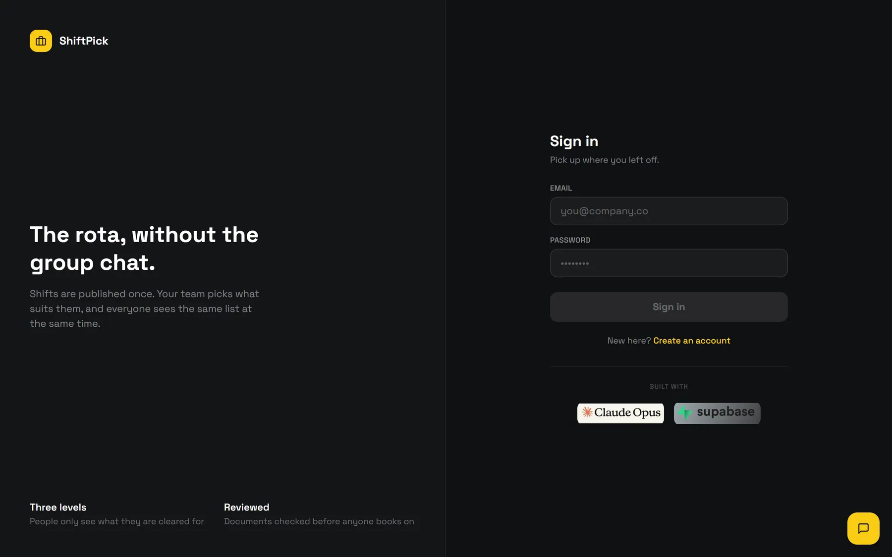 ShiftPick sign-in screen with the product promise on the left and the sign-in form on the right